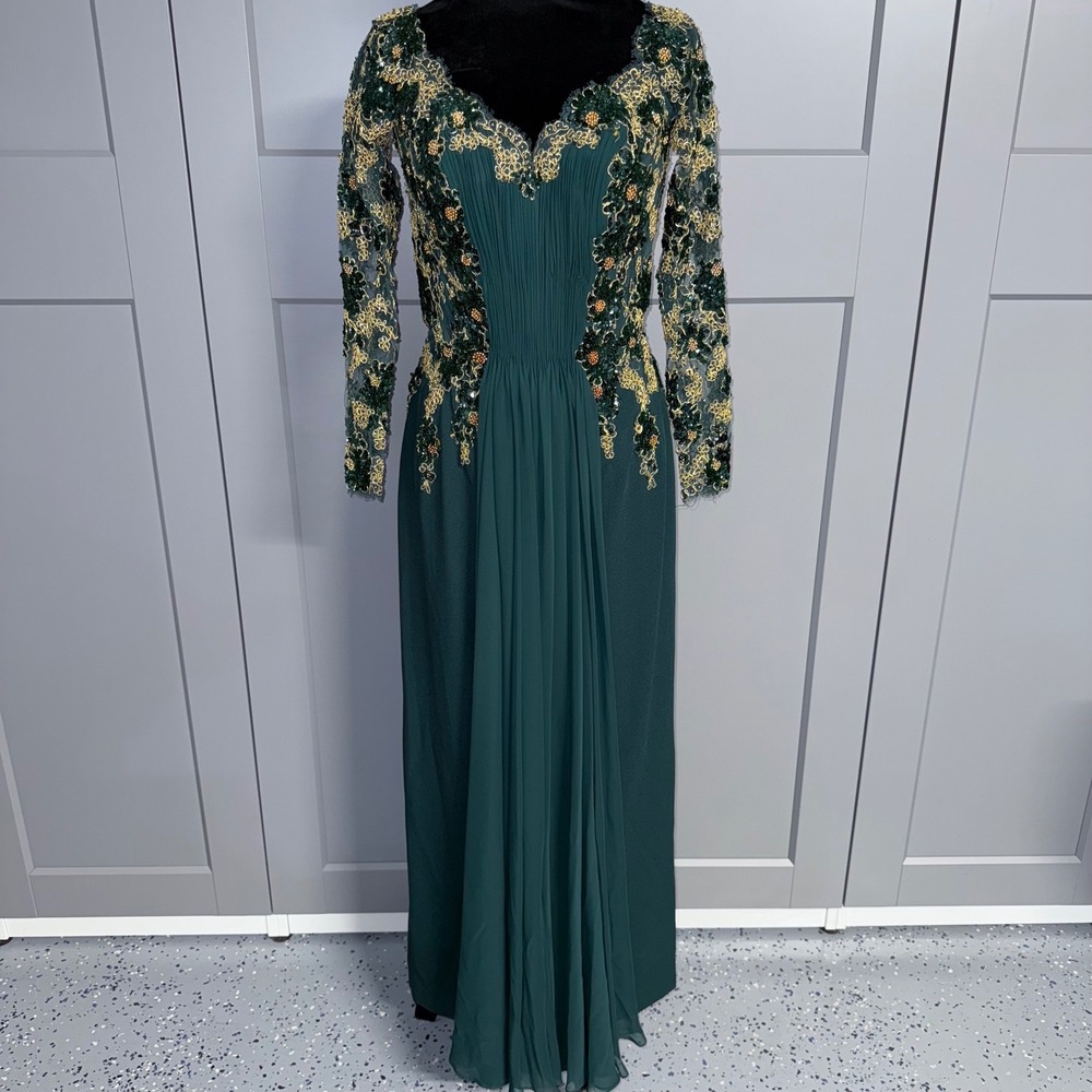 Chris Kole Emerald Green Sequin Gold Lace Evening Gown 90's Prom Maxi Dress VTG
